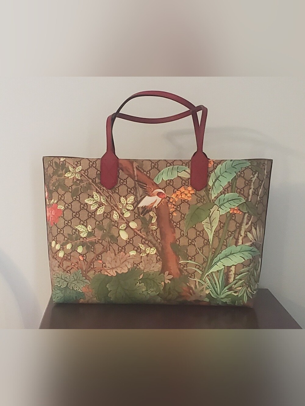 Gucci Floral Bird Canvas Tote Bag in Red Trim